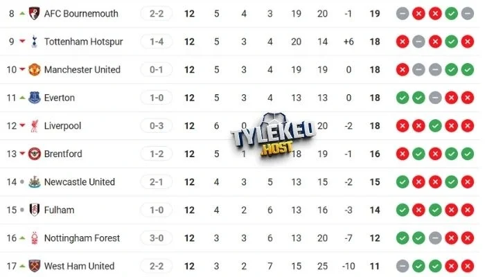 Thứ hạng Everton vs Newcastle United trên bảng tổng sắp