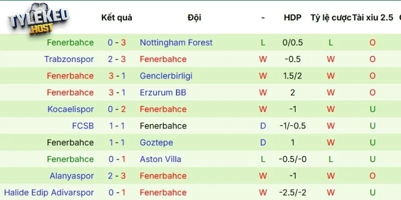 Chuỗi kết quả gần đây của Fenerbahçe