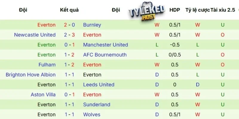 Kết quả thi đấu Everton