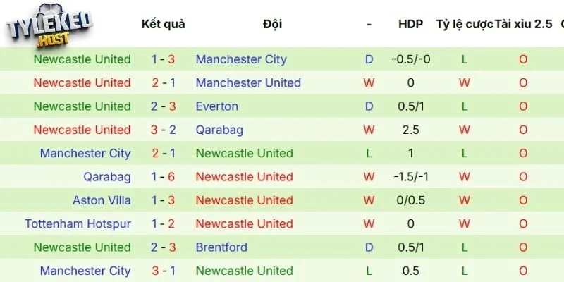 Kết quả thi đấu của Newcastle